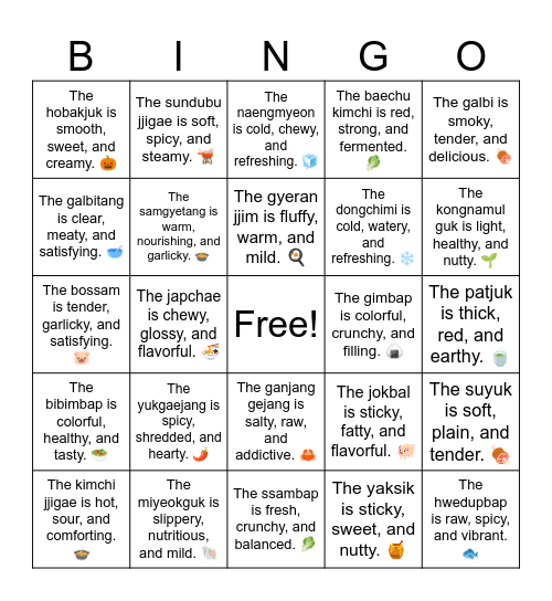 Korean Foods 3 Adjectives Bingo Card