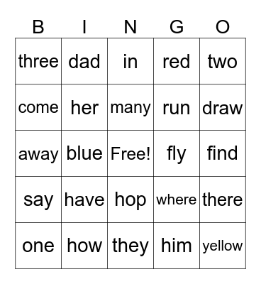 Sight Words Bingo Card