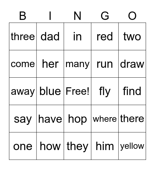 Sight Words Bingo Card