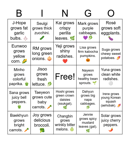 B12 U4 J-Hope grows fat garlic bulbs. 🧄 Bingo Card