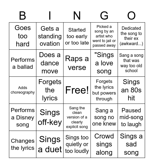 Karaoke Bingo Card