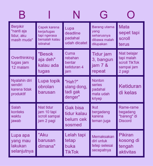 Apakah anda mengalami hal tersebut? (Kalau iya berarti selamat anda kena jam koma yey :3 Bingo Card