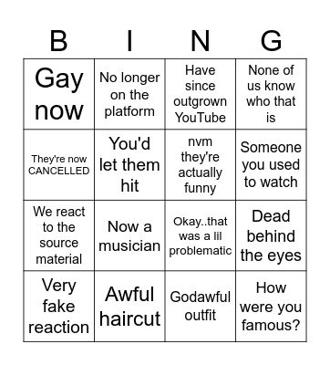 YOUTUBERS REACT Bingo Card
