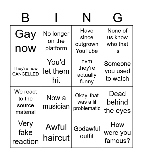 YOUTUBERS REACT Bingo Card
