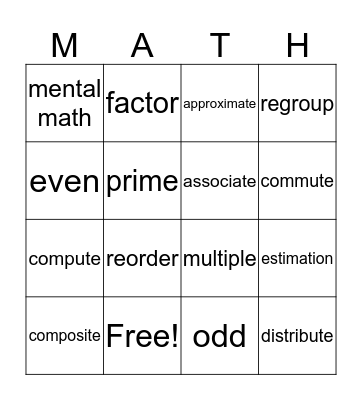 Math Vocabulary Bingo Card