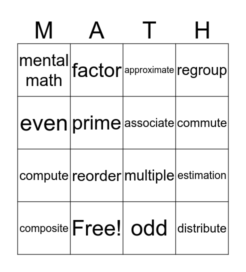 Math Vocabulary Bingo Card