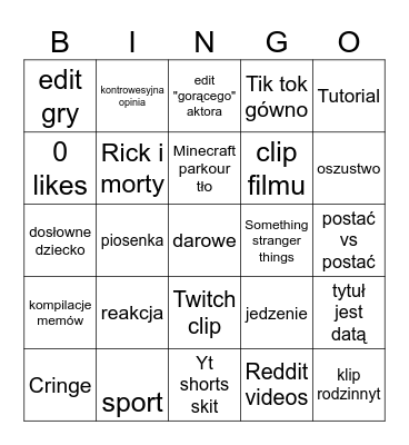 YouTube shorts Bingo Card