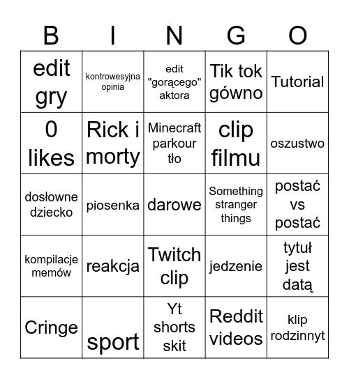 YouTube shorts Bingo Card