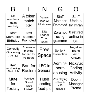 Elite Staff Bingo Card