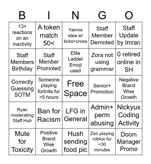 Elite Staff Bingo Card