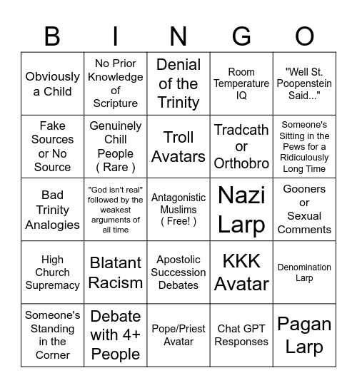 Roblox Church Bingo Card