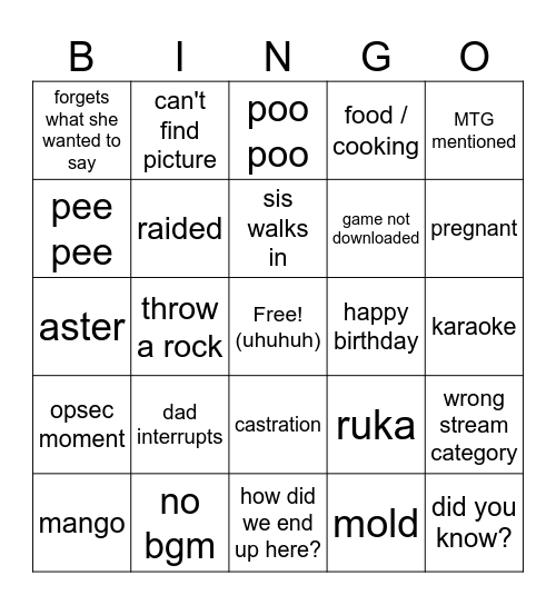 Neg bingo prototype Bingo Card