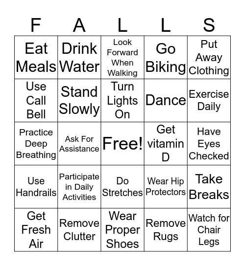 Falls Prevention Bingo Card