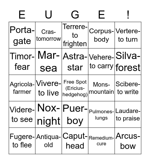 Latin Derivative Bingo Card