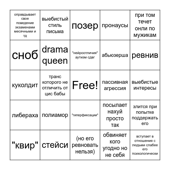 бинго Сэма Ягодкина Bingo Card