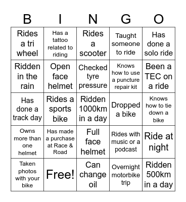 Race & Road Ladies Day Bingo Card