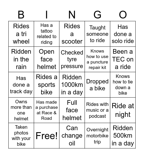 Race & Road Ladies Day Bingo Card
