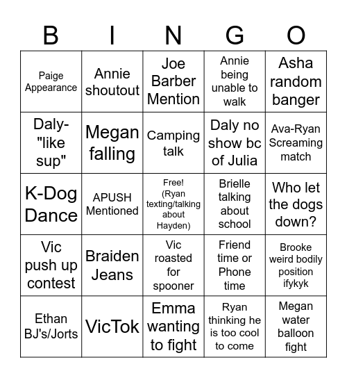Jack Conroy's Frat Tales Bingo Card
