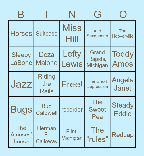 Bud, Not Buddy Bingo Card