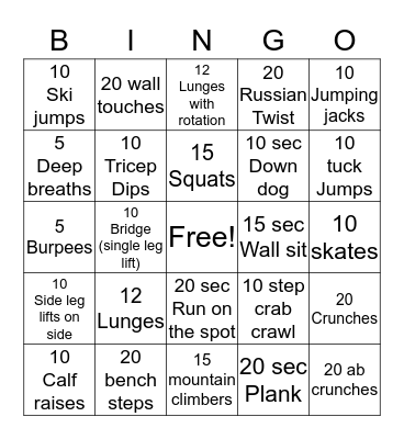 Fitness Bingo Card
