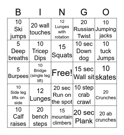 Fitness Bingo Card