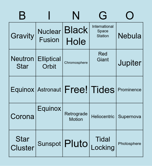 The Solar System Bingo Card