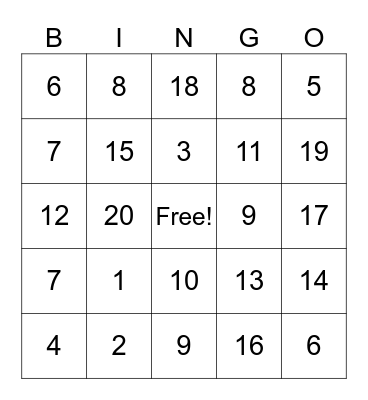 Addition Bingo Card