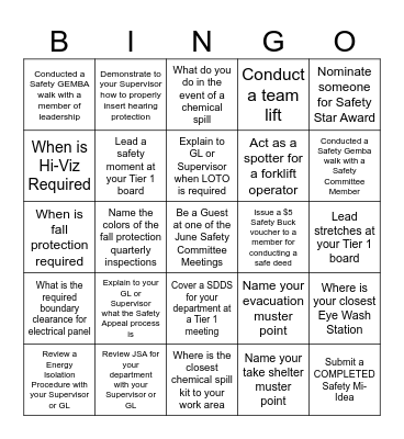June Safety BINGO Card