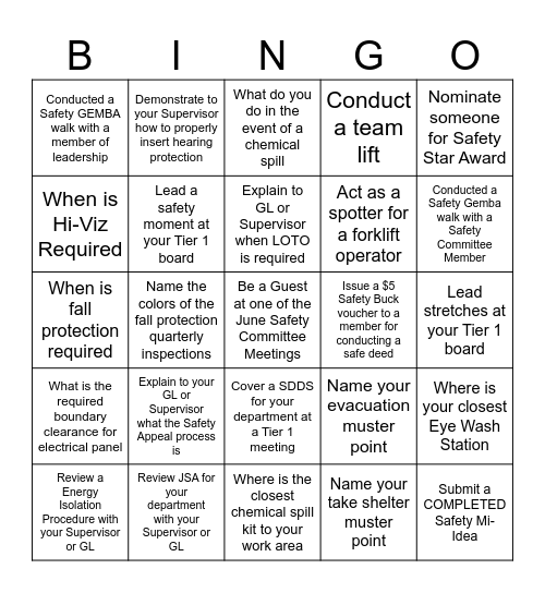 June Safety BINGO Card