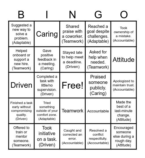 Core Values Bingo Card