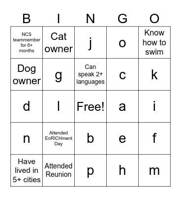 NCS Monday Meeting Bingo Card