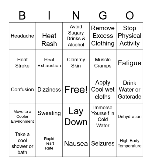 Heat Stress Bingo Card