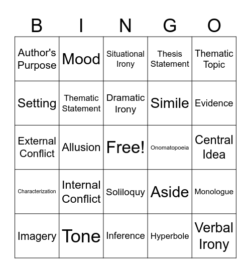 English 9H Exam Review Bingo Card