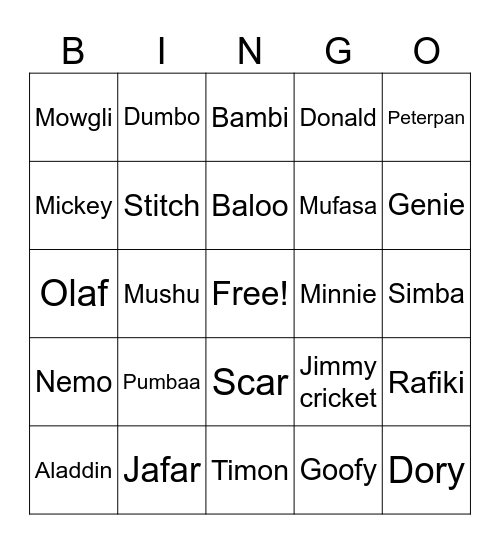 Disney Bingo Card
