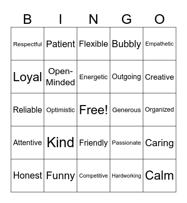 Characteristics Bingo Card