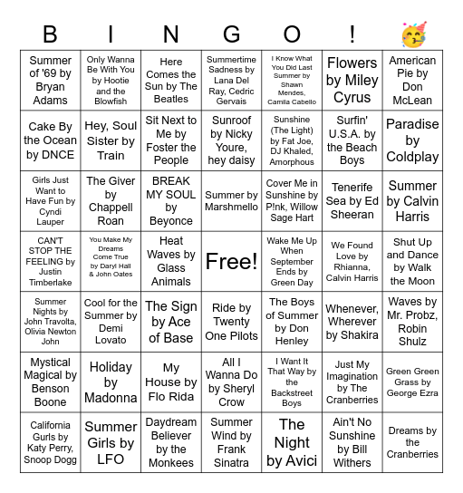 Summer Hits Bingo Card
