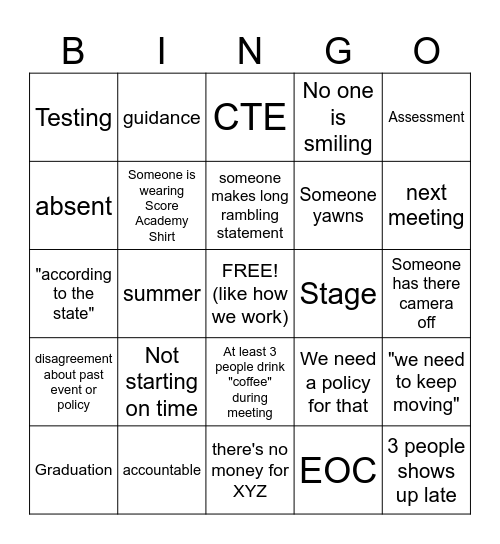 Faculty Meeting Bingo Card