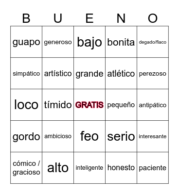 Spanish Adjectives Bingo Card