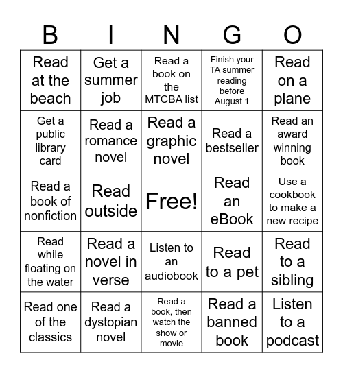 Summer Reading Bingo Card