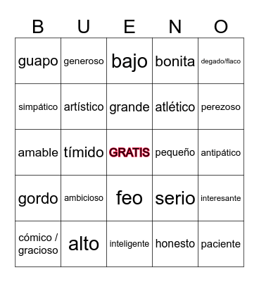 Spanish Adjectives Bingo Card