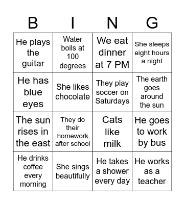 Present simple Bingo Card