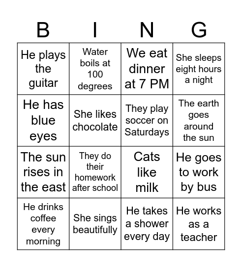 Present simple Bingo Card