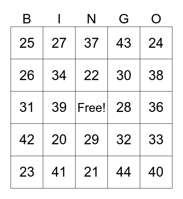 Number BINGO Card