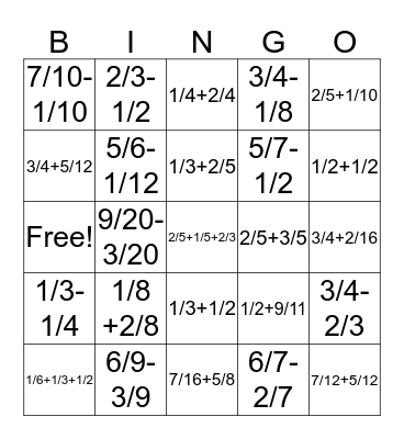 Adding and Subtracting Fraction Bingo Card
