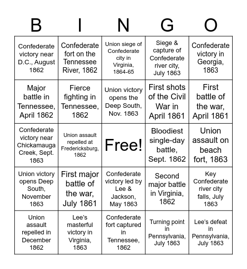 Civil War 1 Bingo Card