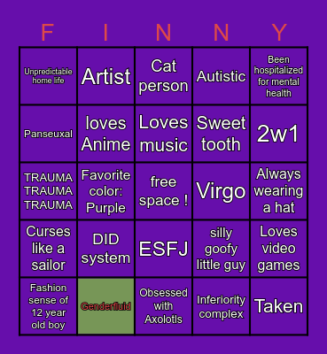 Finley Kinnie Bingo Card