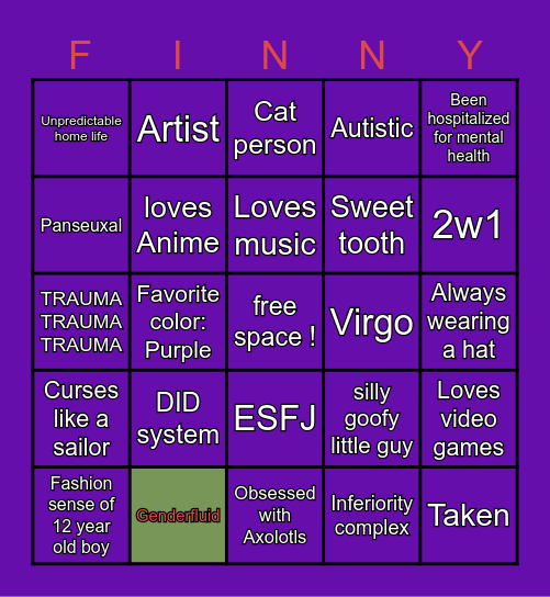 Finley Kinnie Bingo Card