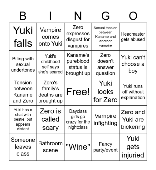 Vampire Knight S1 Bingo Card