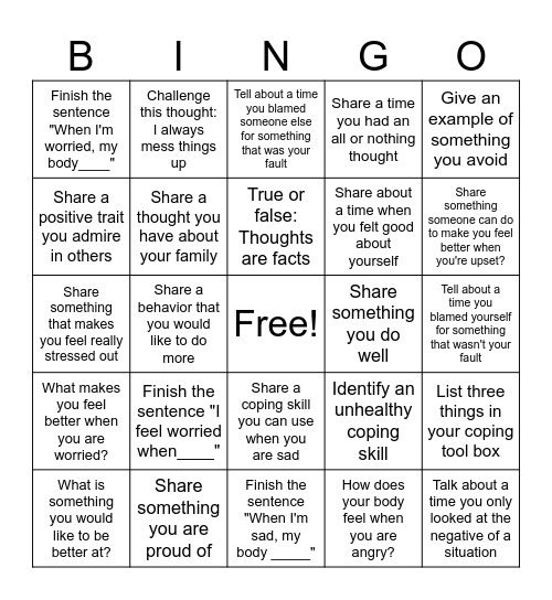 Cognitive Behavioral Therapy BINGO Card