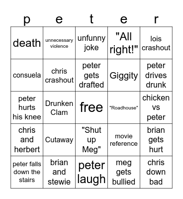family guy Bingo Card